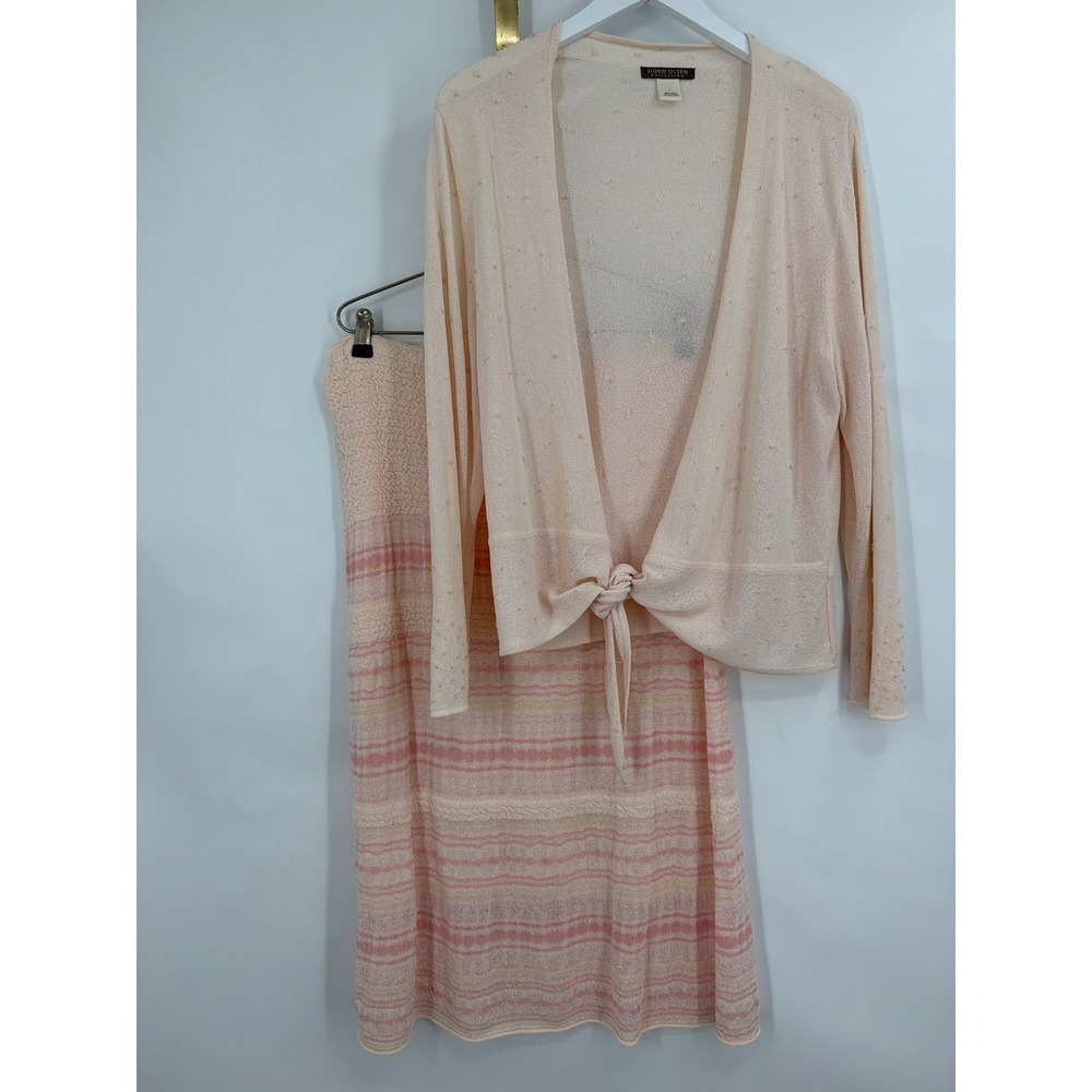 Sigrid Olsen Collection‎ Pink Knit Skirt Set Tie Front Cardigan Midi Skirt L